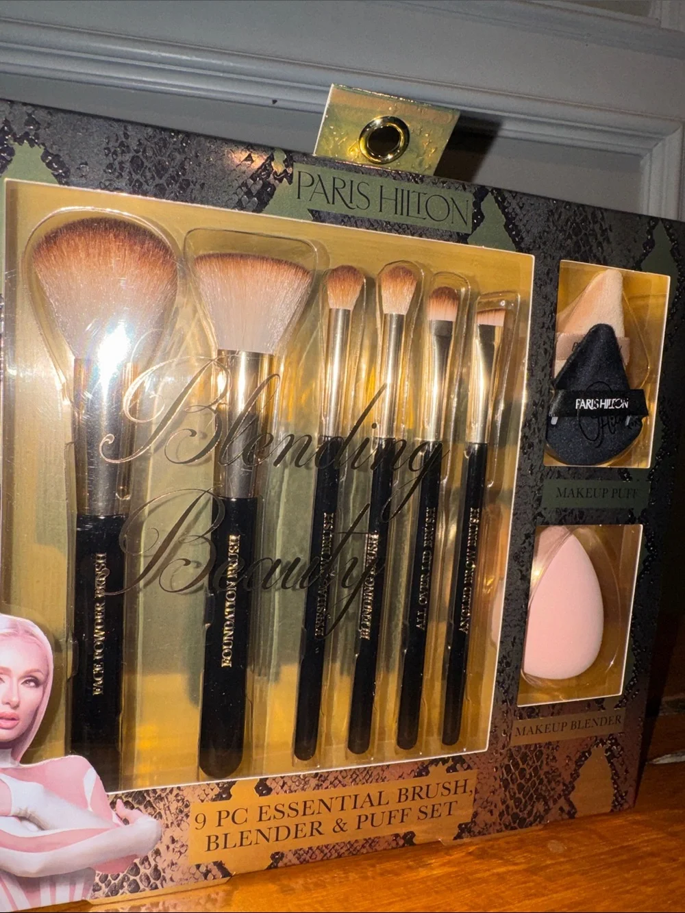 Paris Hilton 9-Piece Makeup Brush Set with Pink Blender and Black Handles